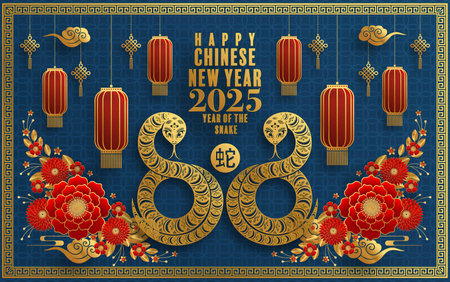 Happy chinese new year 2025  the snake zodiac sign with flower,lantern,pattern,cloud asian elements red,gold  paper cut style on color background. (Translation : happy new year 2025 year of the snake)のイラスト素材