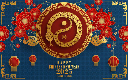 Happy chinese new year 2025  the snake zodiac sign with flower,lantern,pattern,cloud asian elements red,gold  paper cut style on color background. (Translation : happy new year 2025 year of the snake)のイラスト素材