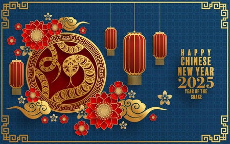 Happy chinese new year 2025  the snake zodiac sign with flower,lantern,pattern,cloud asian elements red,gold  paper cut style on color background. (Translation : happy new year 2025 year of the snake)のイラスト素材