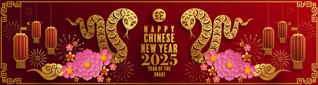 Happy chinese new year 2025  the snake zodiac sign with flower,lantern,pattern,cloud asian elements red,gold  paper cut style on color background. (Translation : happy new year 2025 year of the snake)のイラスト素材