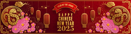 Happy chinese new year 2025  the snake zodiac sign with flower,lantern,pattern,cloud asian elements red,gold  paper cut style on color background. (Translation : happy new year 2025 year of the snake)のイラスト素材