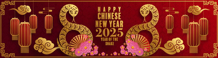 Happy chinese new year 2025  the snake zodiac sign with flower,lantern,pattern,cloud asian elements red,gold  paper cut style on color background. (Translation : happy new year 2025 year of the snake)のイラスト素材