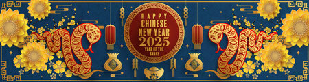 Happy chinese new year 2025  the snake zodiac sign with flower,lantern,pattern,cloud asian elements red,gold  paper cut style on color background. (Translation : happy new year 2025 year of the snake)のイラスト素材