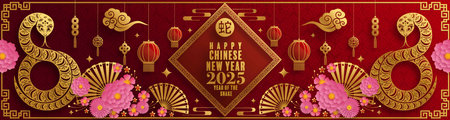Happy chinese new year 2025  the snake zodiac sign with flower,lantern,pattern,cloud asian elements red,gold  paper cut style on color background. (Translation : happy new year 2025 year of the snake)のイラスト素材