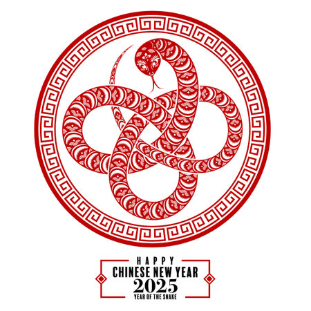 Happy chinese new year 2025 the snake zodiac sign  with lantern,flower, and asian elements red paper cut style on color background. ( translation : year of the snake, happy new year 2025 )のイラスト素材