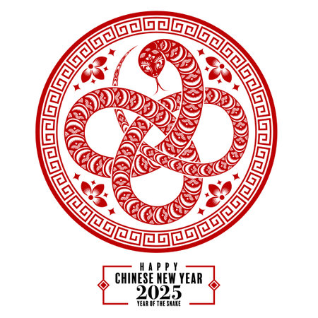 Happy chinese new year 2025 the snake zodiac sign  with lantern,flower, and asian elements red paper cut style on color background. ( translation : year of the snake, happy new year 2025 )のイラスト素材