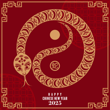 Happy chinese new year 2025 Â Background with snake,&#xA;year of the chinese snake zodiac with on color Background. ( Translation : happy new year, chinese snake 2025 )のイラスト素材