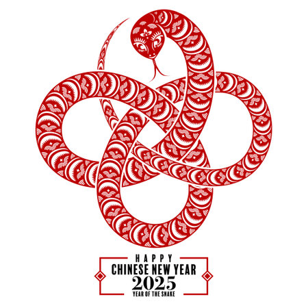 Happy chinese new year 2025 the snake zodiac sign with lantern,flower, and asian elements red paper cut style on color background. ( translation : year of the snake, happy new year 2025 )のイラスト素材
