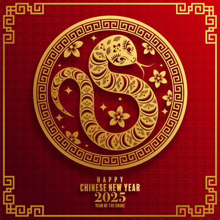 Happy chinese new year 2025 Â Background with snake,&#xA;year of the chinese snake zodiac with on color Background. ( Translation : happy new year, chinese snake 2025 )のイラスト素材