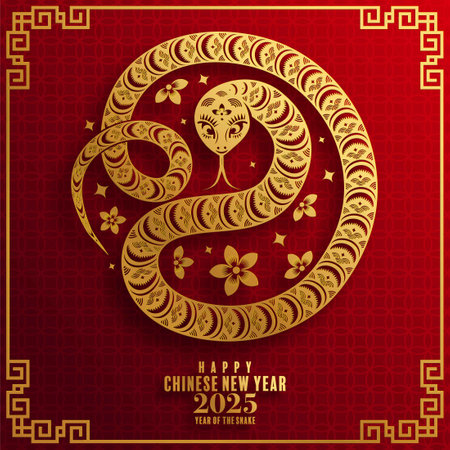 Happy chinese new year 2025 Â Background with snake,&#xA;year of the chinese snake zodiac with on color Background. ( Translation : happy new year, chinese snake 2025 )のイラスト素材