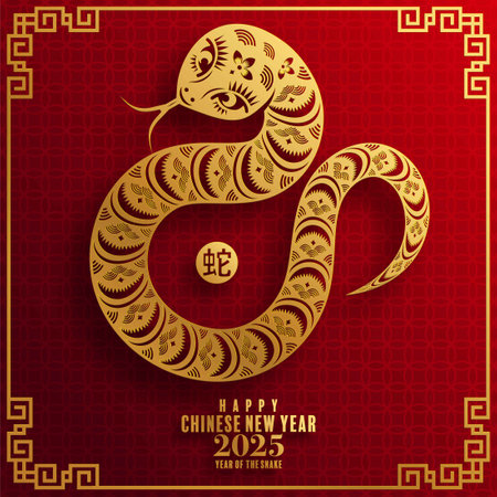 Happy chinese new year 2025 Â Background with snake,&#xA;year of the chinese snake zodiac with on color Background. ( Translation : happy new year, chinese snake 2025 )のイラスト素材