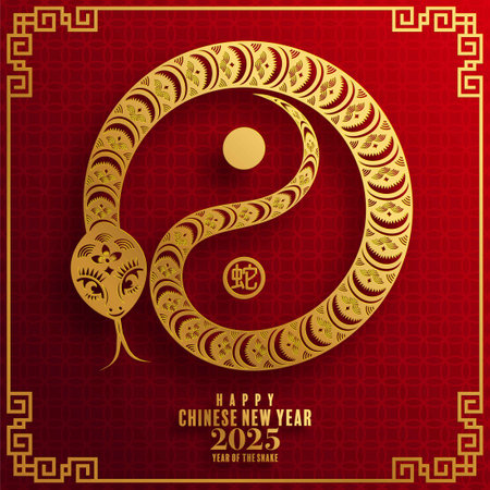 Happy chinese new year 2025 Â Background with snake,&#xA;year of the chinese snake zodiac with on color Background. ( Translation : happy new year, chinese snake 2025 )のイラスト素材