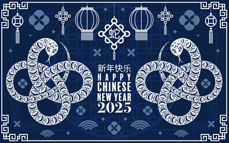 Happy chinese new year 2025 year of the snake with flower,lantern,asian elements red and gold traditional paper cut style on color background. (Translation : happy new year 2025 the snake zodiac )のイラスト素材