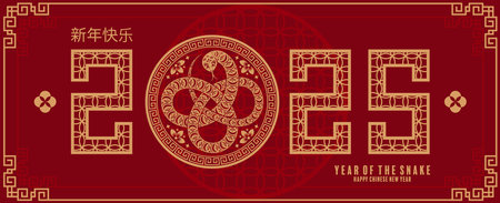 Happy chinese new year 2025 year of the snake with flower,lantern,asian elements red and gold traditional paper cut style on color background. (Translation : happy new year 2025 the snake zodiac )のイラスト素材