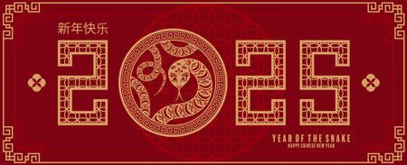 Happy chinese new year 2025 year of the snake with flower,lantern,asian elements red and gold traditional paper cut style on color background. (Translation : happy new year 2025 the snake zodiac )のイラスト素材