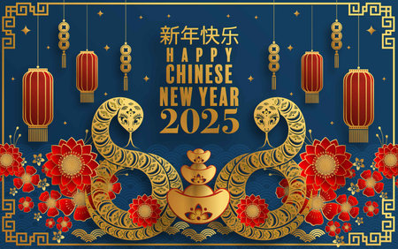 Happy chinese new year 2025 Â Background with snake,&#xA;year of the chinese snake zodiac with on color Background. ( Translation : happy new year, chinese snake 2025 )のイラスト素材