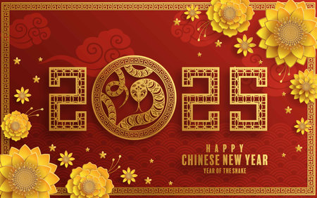 Happy chinese new year 2025 Â Background with snake,&#xA;year of the chinese snake zodiac with on color Background. ( Translation : happy new year, chinese snake 2025 )のイラスト素材