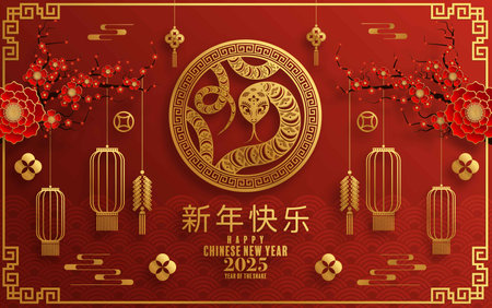 Happy chinese new year 2025 Â Background with snake,&#xA;year of the chinese snake zodiac with on color Background. ( Translation : happy new year, chinese snake 2025 )のイラスト素材