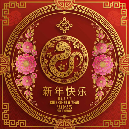 Happy chinese new year 2025  the snake zodiac sign with flower,lantern,pattern,cloud asian elements red,gold  paper cut style on color background. (Translation : happy new year 2025 year of the snake)のイラスト素材