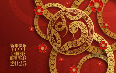 Happy chinese new year 2025  the snake zodiac sign with flower,lantern,pattern,cloud asian elements red,gold  paper cut style on color background. (Translation : happy new year 2025 year of the snake)のイラスト素材
