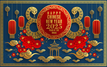 Happy chinese new year 2025  the snake zodiac sign with flower,lantern,pattern,cloud asian elements red,gold  paper cut style on color background. (Translation : happy new year 2025 year of the snake)のイラスト素材