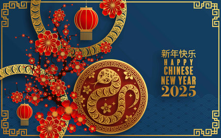 Happy chinese new year 2025  the snake zodiac sign with flower,lantern,pattern,cloud asian elements red,gold  paper cut style on color background. (Translation : happy new year 2025 year of the snake)のイラスト素材