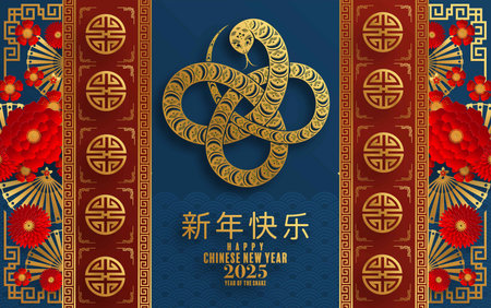 Happy chinese new year 2025  the snake zodiac sign with flower,lantern,pattern,cloud asian elements red,gold  paper cut style on color background. (Translation : happy new year 2025 year of the snake)のイラスト素材