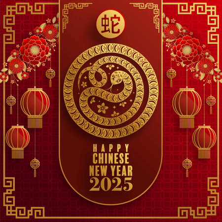 Happy chinese new year 2025 Â Background with snake,&#xA;year of the chinese snake zodiac with on color Background. ( Translation : happy new year, chinese snake 2025 )のイラスト素材