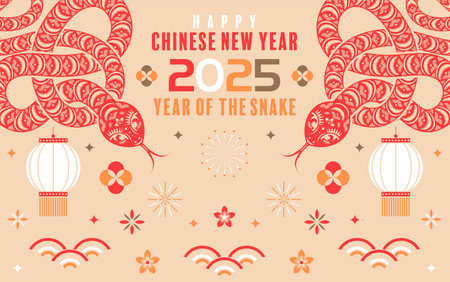 Happy chinese new year 2025  the snake zodiac sign with flower,lantern,pattern,cloud asian elements flat design style on color background. (Translation : happy new year 2025 year of the snake)のイラスト素材