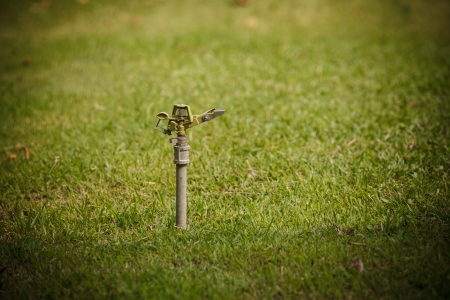 sprinkler on grassの写真素材