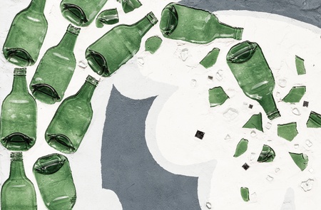 Wall made with green glass bottlesの写真素材