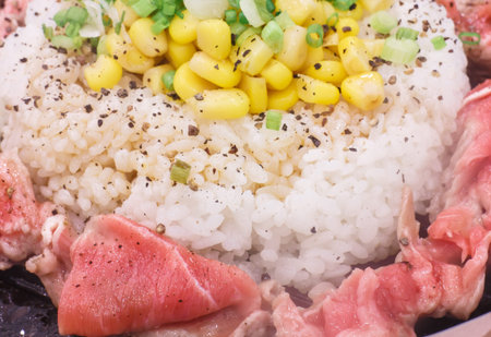 rice and beef on hot plate