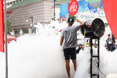 BANGKOK, THAILAND - APRIL 12  Locals and tourists enjoy in  Bangkok Songkran Festival 2014 Thailand new year   at Central World on April 12,2014 in Bangkok, Thailandのeditorial素材