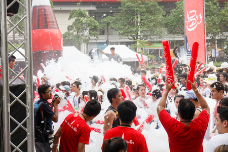 BANGKOK, THAILAND - APRIL 12  Locals and tourists enjoy in  Bangkok Songkran Festival 2014 Thailand new year   at Central World on April 12,2014 in Bangkok, Thailandのeditorial素材