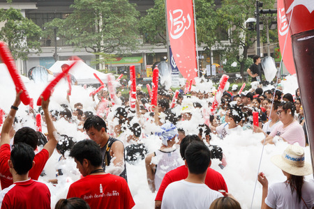 BANGKOK, THAILAND - APRIL 12  Locals and tourists enjoy in  Bangkok Songkran Festival 2014 Thailand new year   at Central World on April 12,2014 in Bangkok, Thailandのeditorial素材