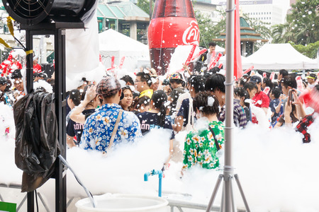 BANGKOK, THAILAND - APRIL 12  Locals and tourists enjoy in  Bangkok Songkran Festival 2014 Thailand new year   at Central World on April 12,2014 in Bangkok, Thailandのeditorial素材