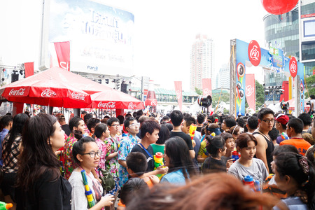 BANGKOK, THAILAND - APRIL 12  Locals and tourists enjoy in  Bangkok Songkran Festival 2014 Thailand new year   at Central World on April 12,2014 in Bangkok, Thailandのeditorial素材