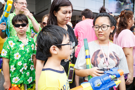 BANGKOK, THAILAND - APRIL 12  Locals and tourists enjoy in  Bangkok Songkran Festival 2014 Thailand new year   at Central World on April 12,2014 in Bangkok, Thailandのeditorial素材
