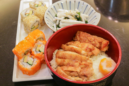 Bento, Japanese food style ,Rice with Chicken Teriyaki setの写真素材