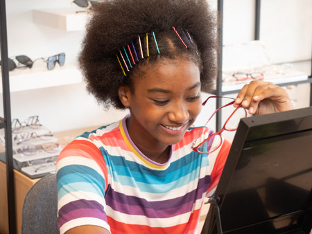 African girl in the optic store looking in the mirror for choosing a new eyeglasses frame. health care, medicine, people, eyesight and technology conceptの写真素材