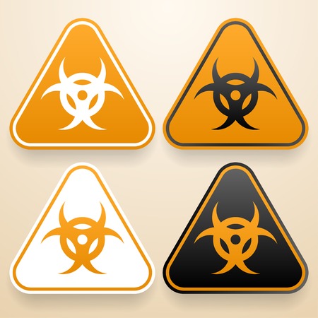 Set of triangular signs of danger of white, black and orange color. Biohazard signのイラスト素材