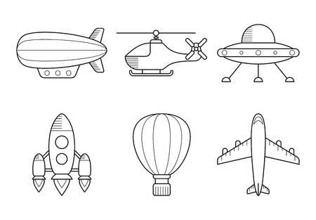 Icon set of aero vehicles. Helicopter plane UFO dirigible aerostat rocket. Line Styleのイラスト素材