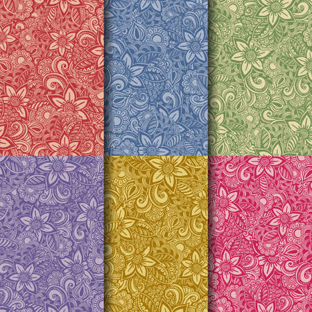 Set of Hand drawn seamless Flower patterns. Doodle styleの写真素材