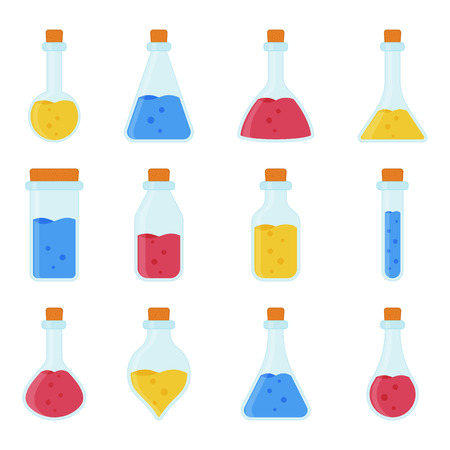 Chemical, biological science laboratory equipment - test tubes and flasks iconsのイラスト素材