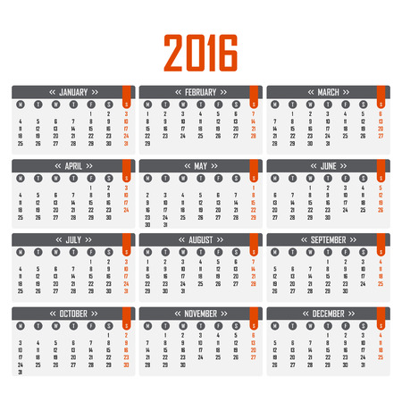 Calendar for 2016. Week starts on Monday.のイラスト素材