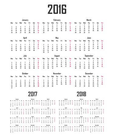 Calendar for 2016, 2017 and 2018. Week starts on Monday.のイラスト素材