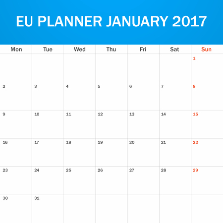 EU Planner blank for January 2017. Scheduler, agenda or diary template. Week starts on Mondayのイラスト素材