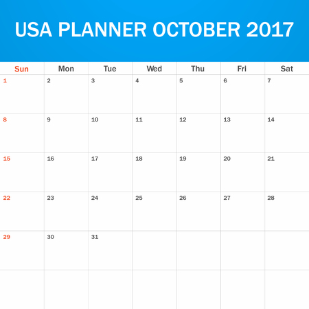 USA Planner blank for October 2017. Scheduler, agenda or diary template. Week starts on Sundayのイラスト素材