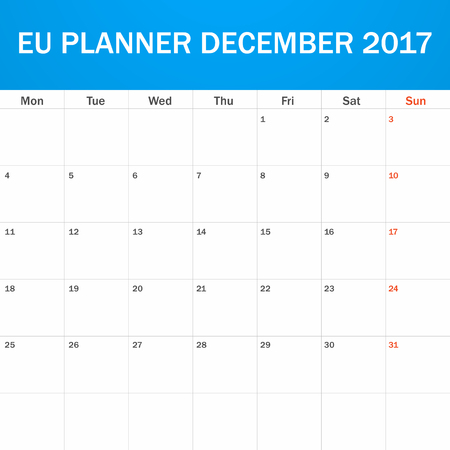 EU Planner blank for December 2017. Scheduler, agenda or diary template. Week starts on Mondayのイラスト素材