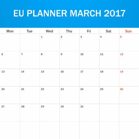 EU Planner blank for March 2017. Scheduler, agenda or diary template. Week starts on Mondayのイラスト素材